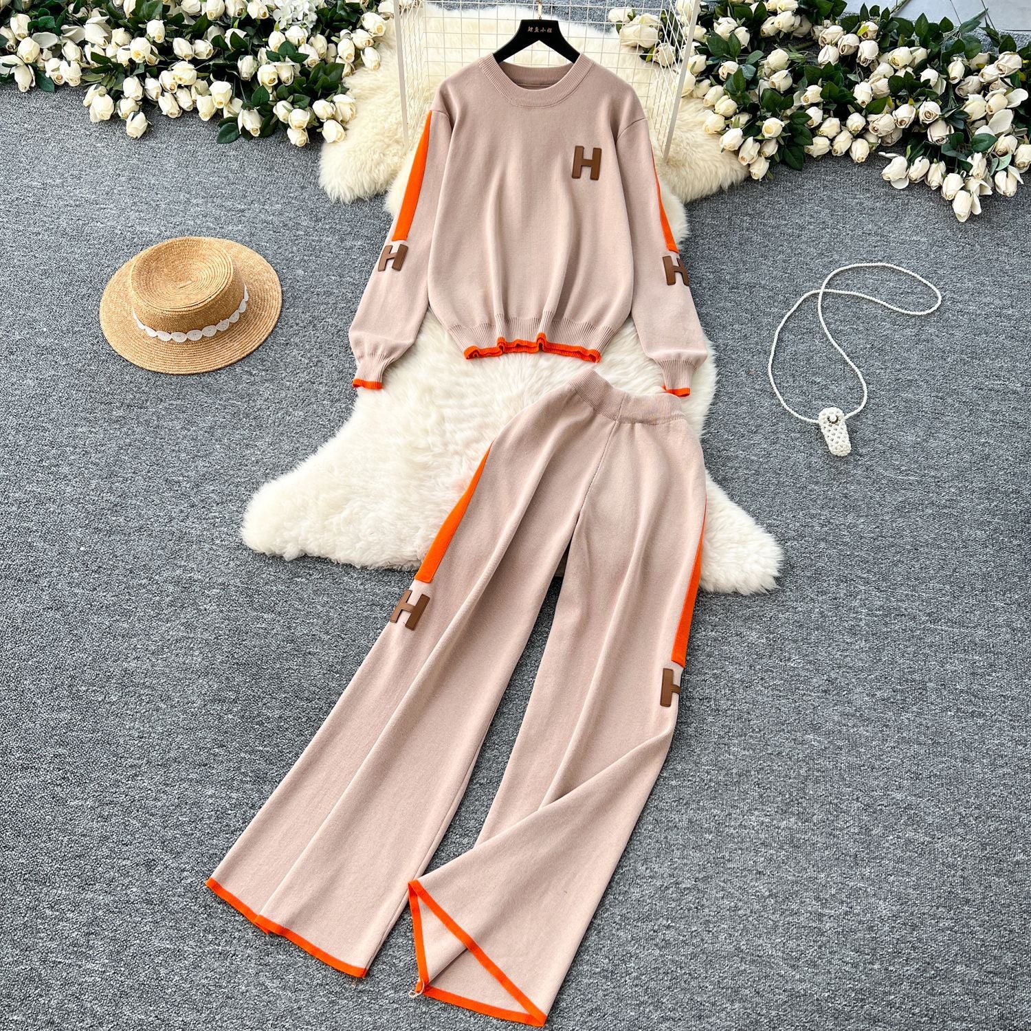 Women Letter Embroidery Knitting Long Sleeve Sweater Wide Leg Pants Two Piece 7