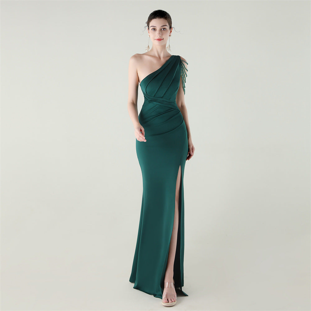 Women strapless satin pleated fishtail slit evening dress 4