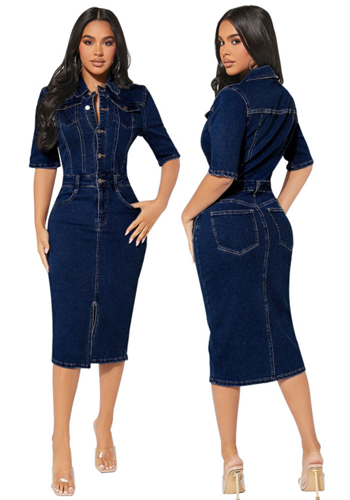 Women's Denim Short Sleeve Turndown Collar Bodycon Midi Dress