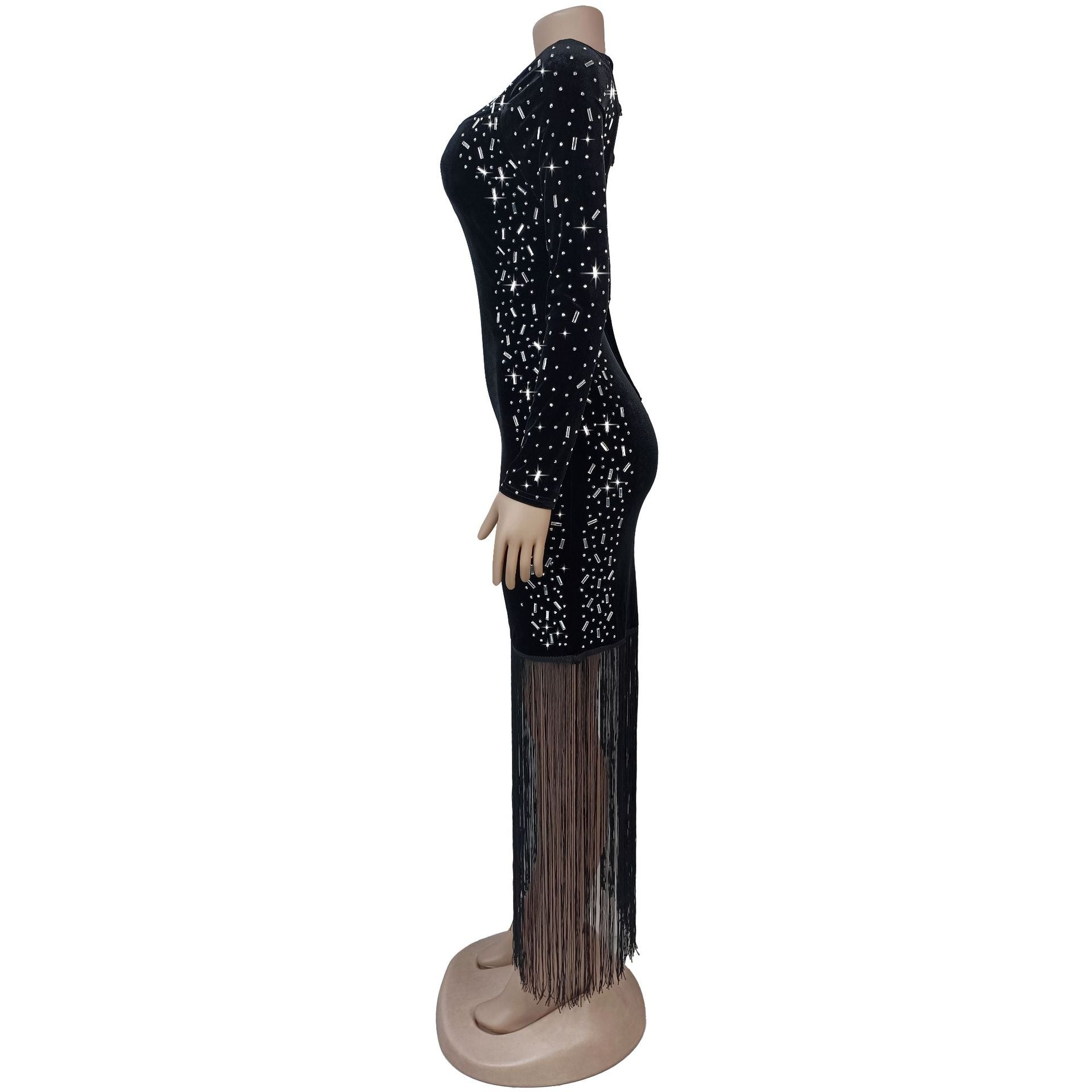 Fashion Women's Sexy Beaded Fringe Long-Sleeve Bodycon Dress 5