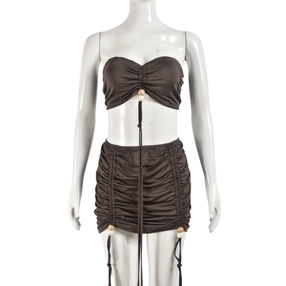 Women Summer Crop Lace Wrinkle Strapless Top and Skirt Two-piece Set 8