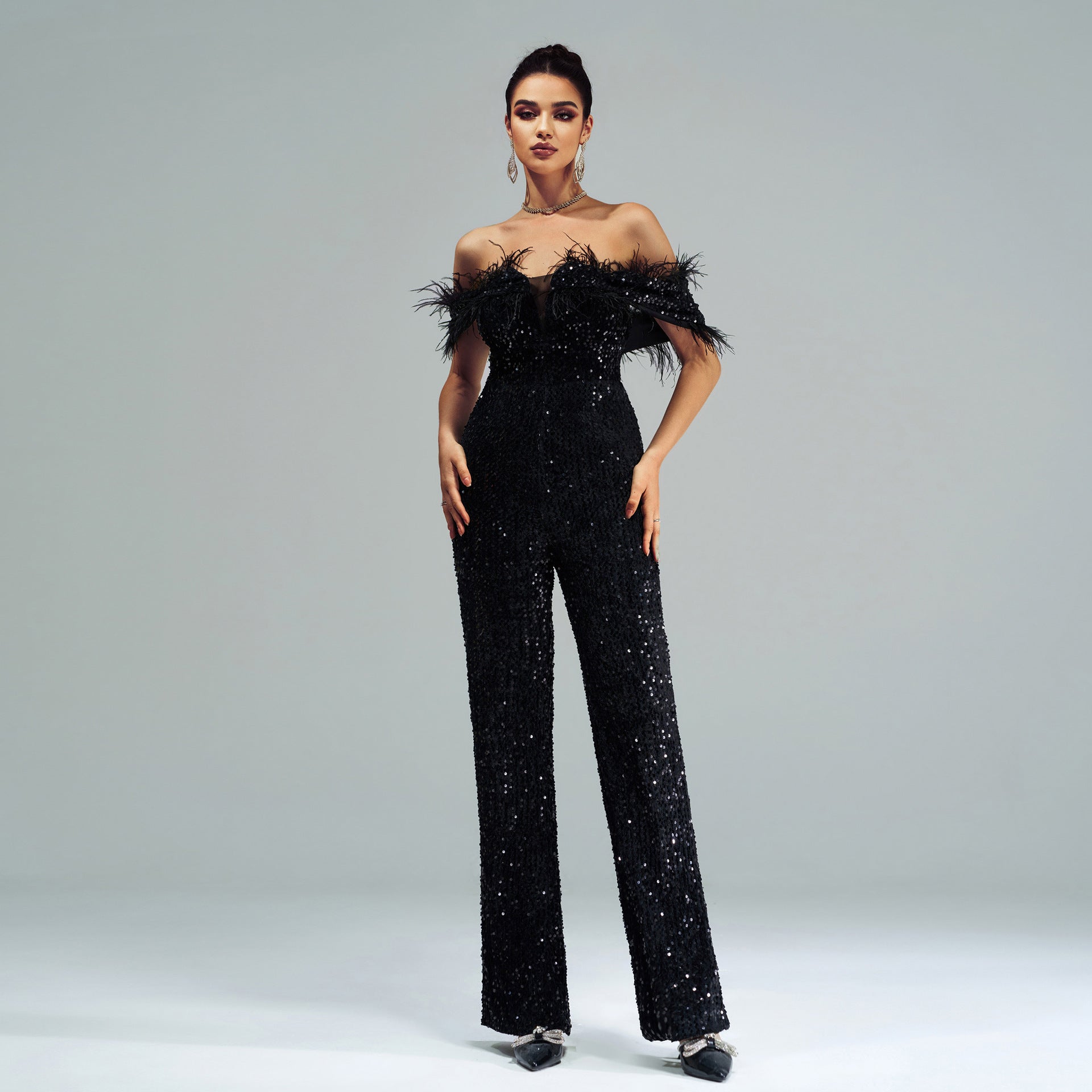 Women's Sexy Long Off Shoulder Sequins Formal Party Jumpsuit 3