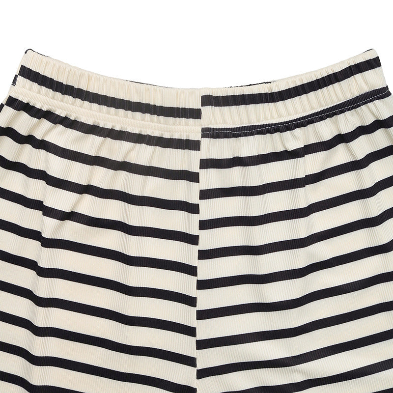 Women Casual Striped Lace Patchwork Top and Lace Shorts Two Piece Set 12