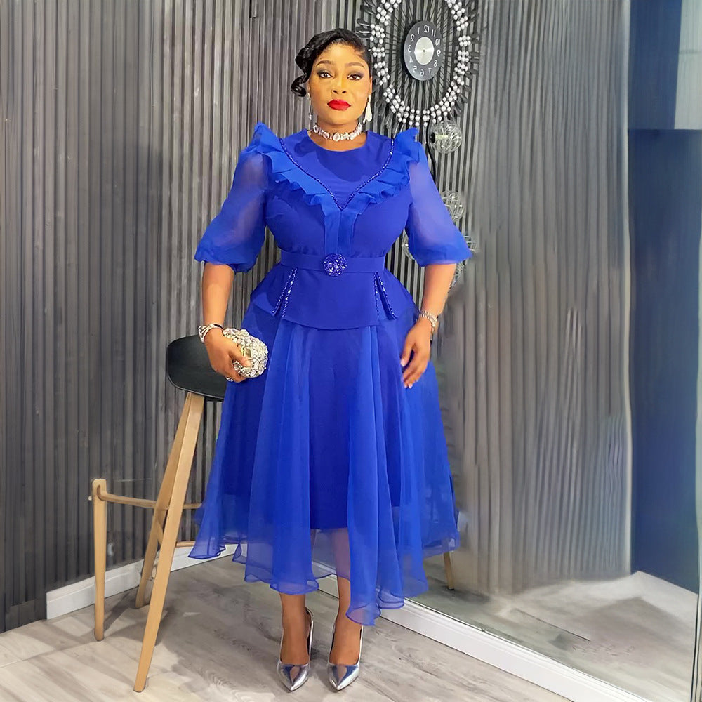 Plus-Size African Women Career Elegant Dress with Belt