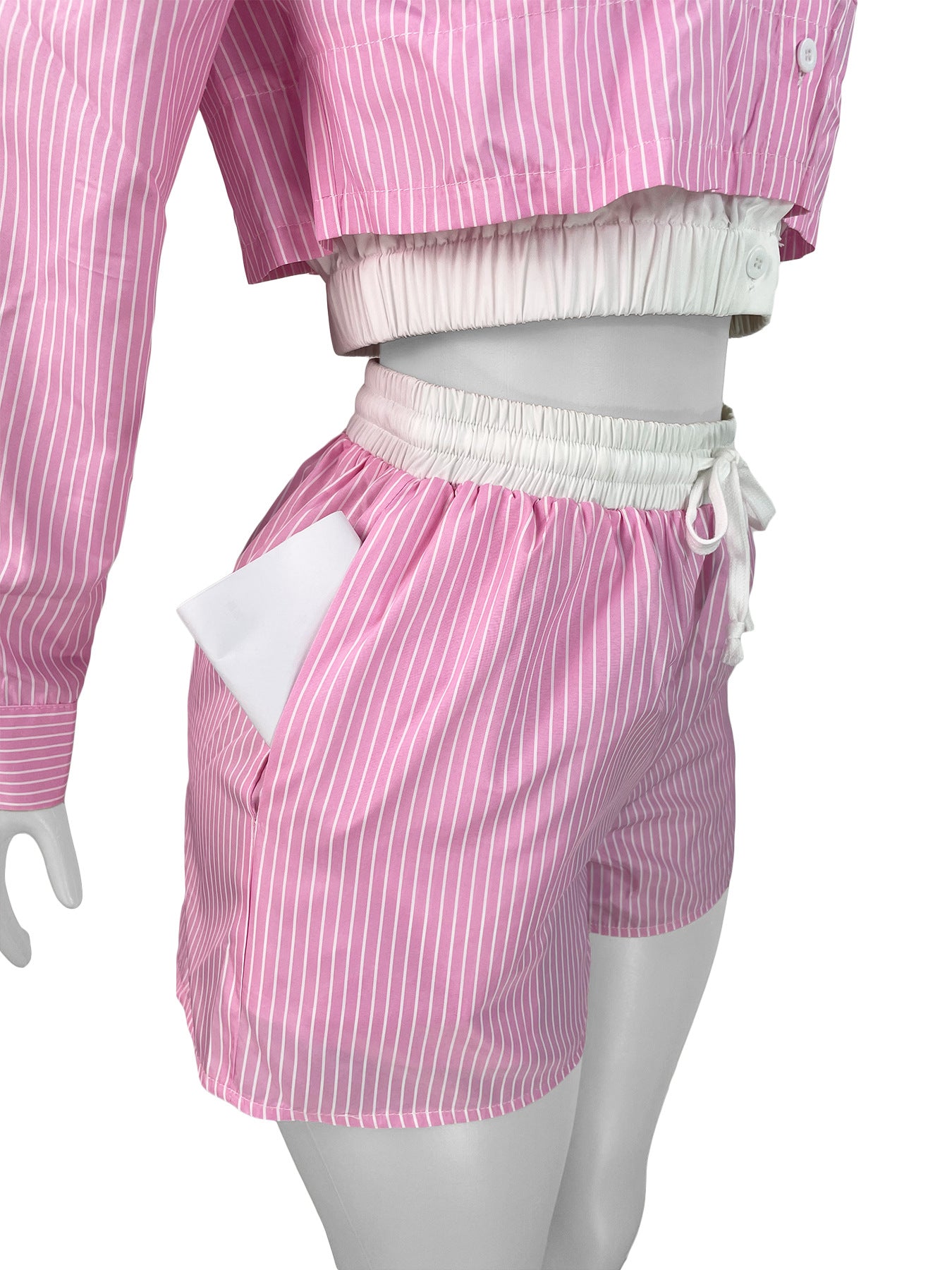 Women Turndown Collar Striped Long Sleeve Shirt Patchwork Shorts Two Piece Set 8