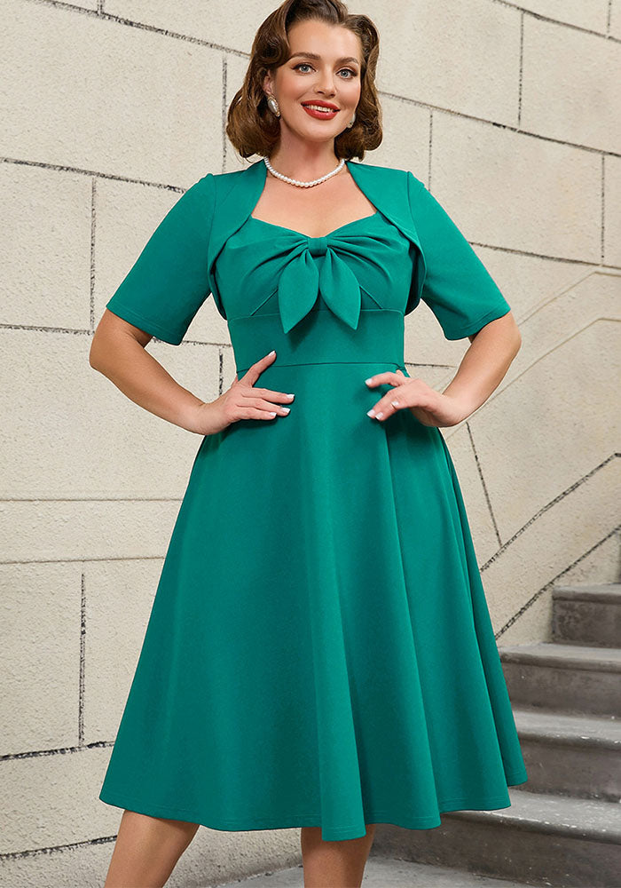 Plus Size Fashion Square-Neck Bow A-Line Slim Waist Party Dress