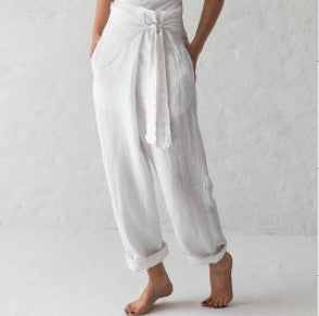Women linen Solid high waist Pants 3
