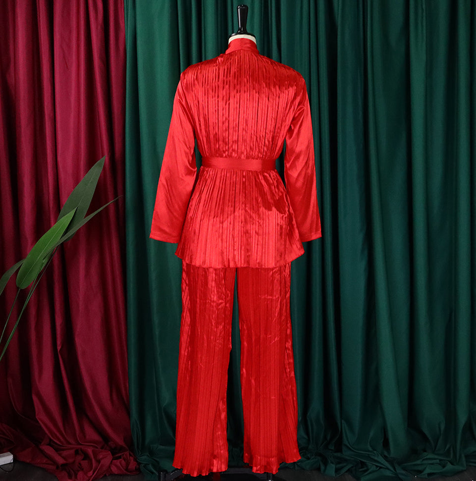 Women's Solid Color Pleated Loose Long Sleeve Lace-Up Shirt-Pants Two-Piece Set 17