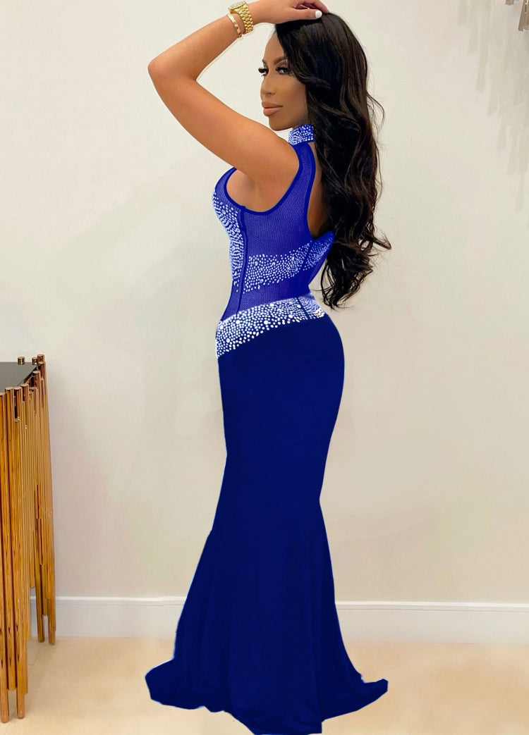 Fall Sexy Blue Sequins One Shoulder High Neck Long Dress