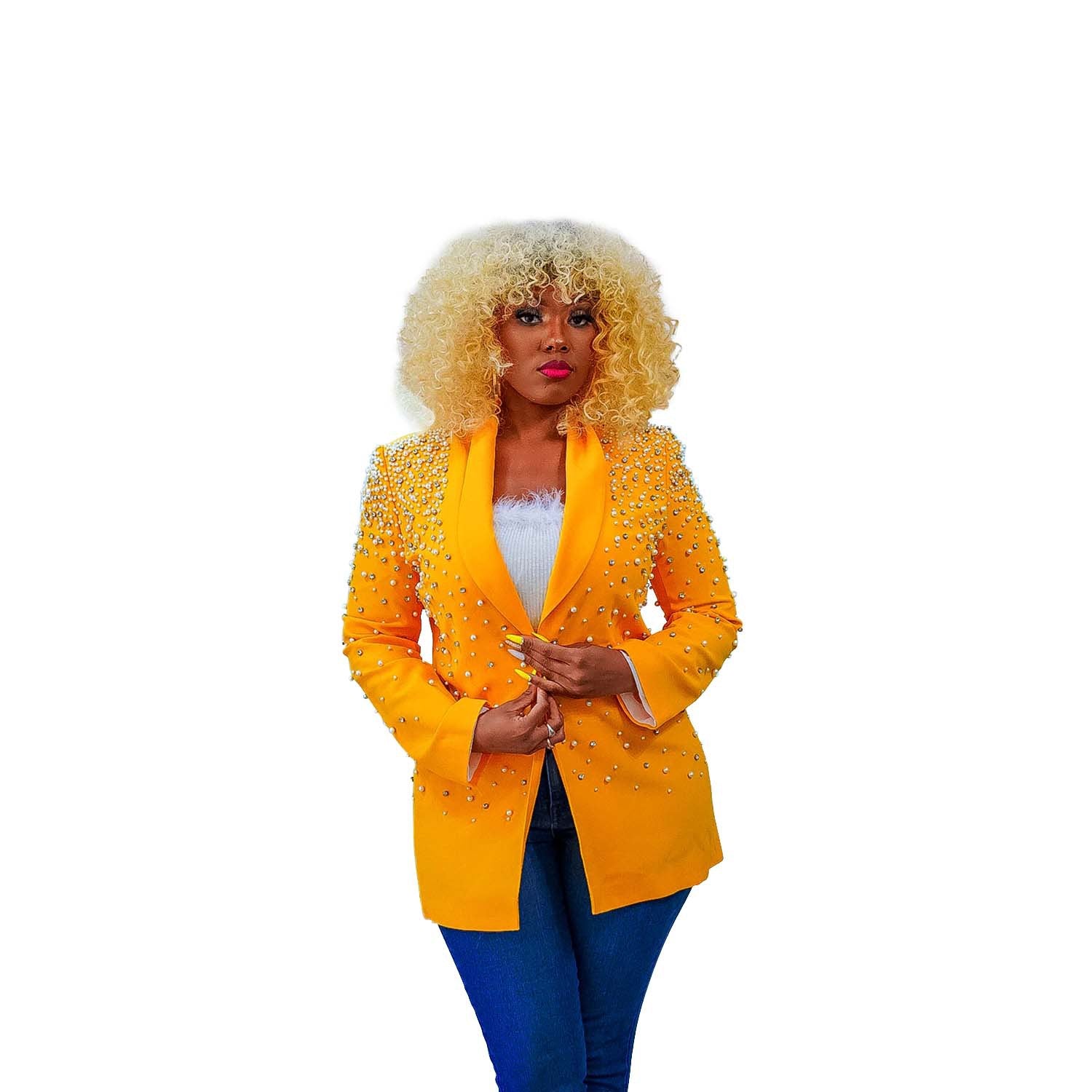 Women's Fashion Solid Color Beaded Turndown Collar Long Sleeve Blazer 15