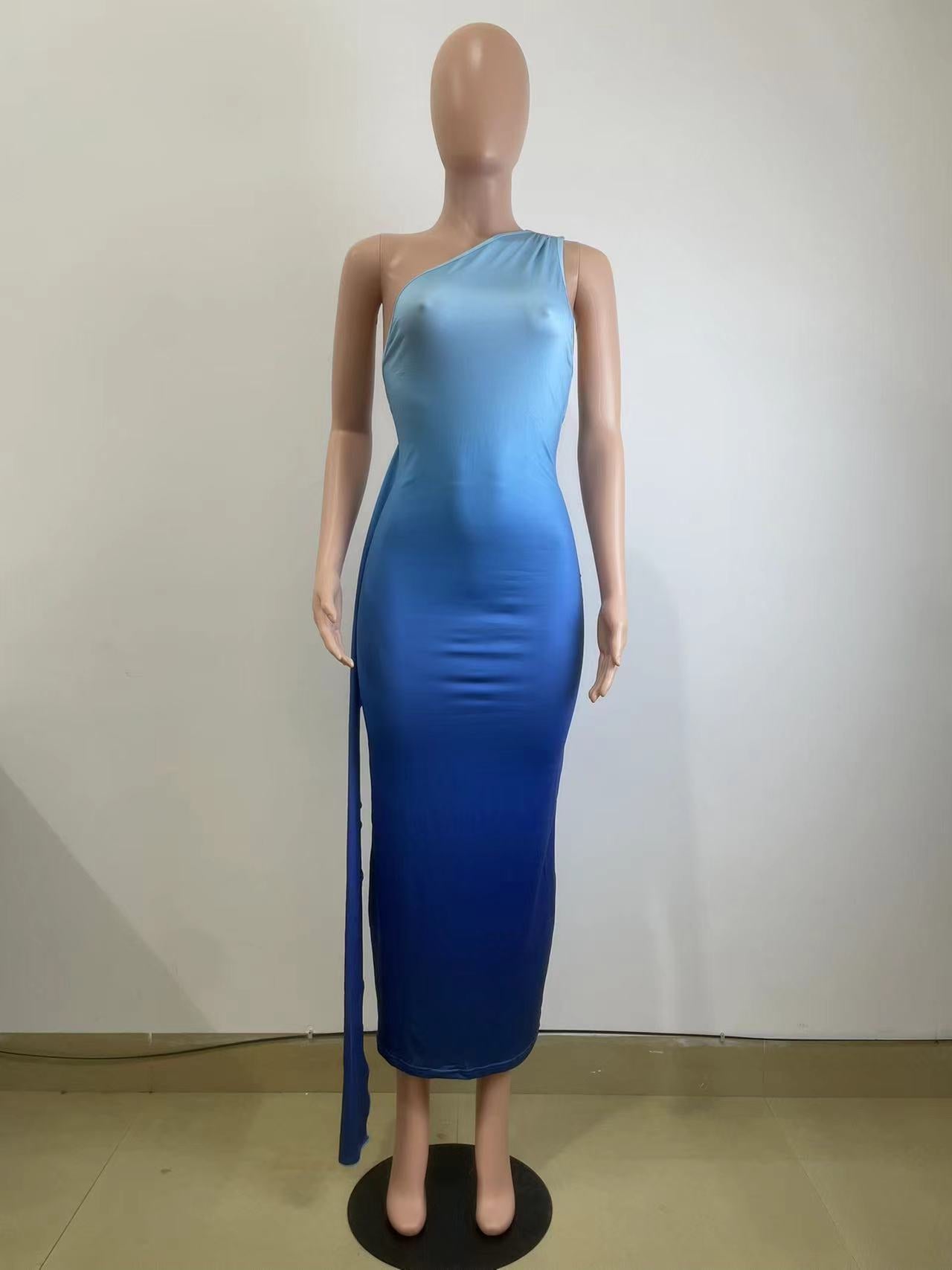 Women's Summer Sleeveless Slash Shoulder Gradient Color Sexy Slim Bodycon Long Dress 8