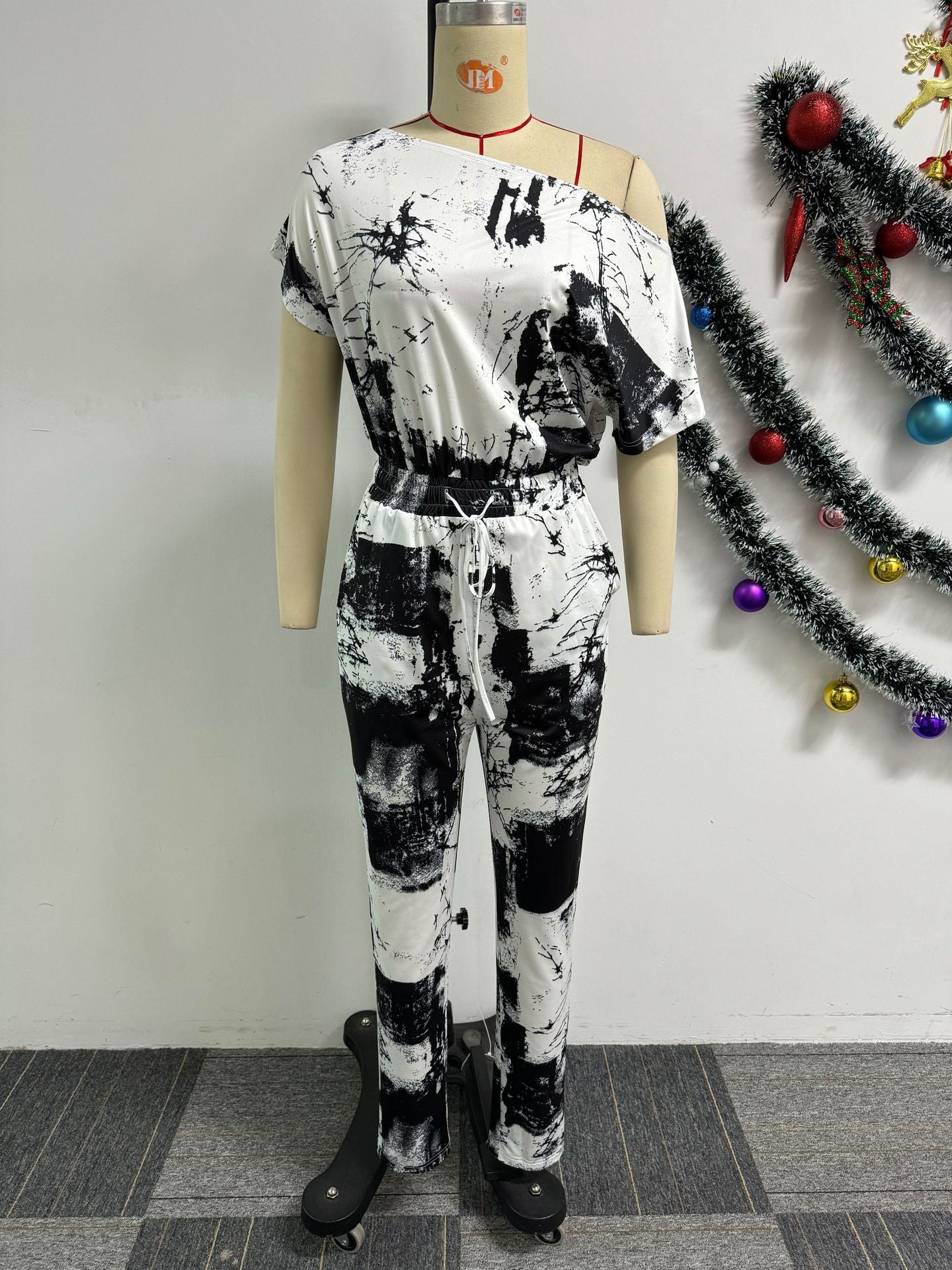Women Sexy Printed Short Sleeve Off Shoulder Stretch Jumpsuit 8