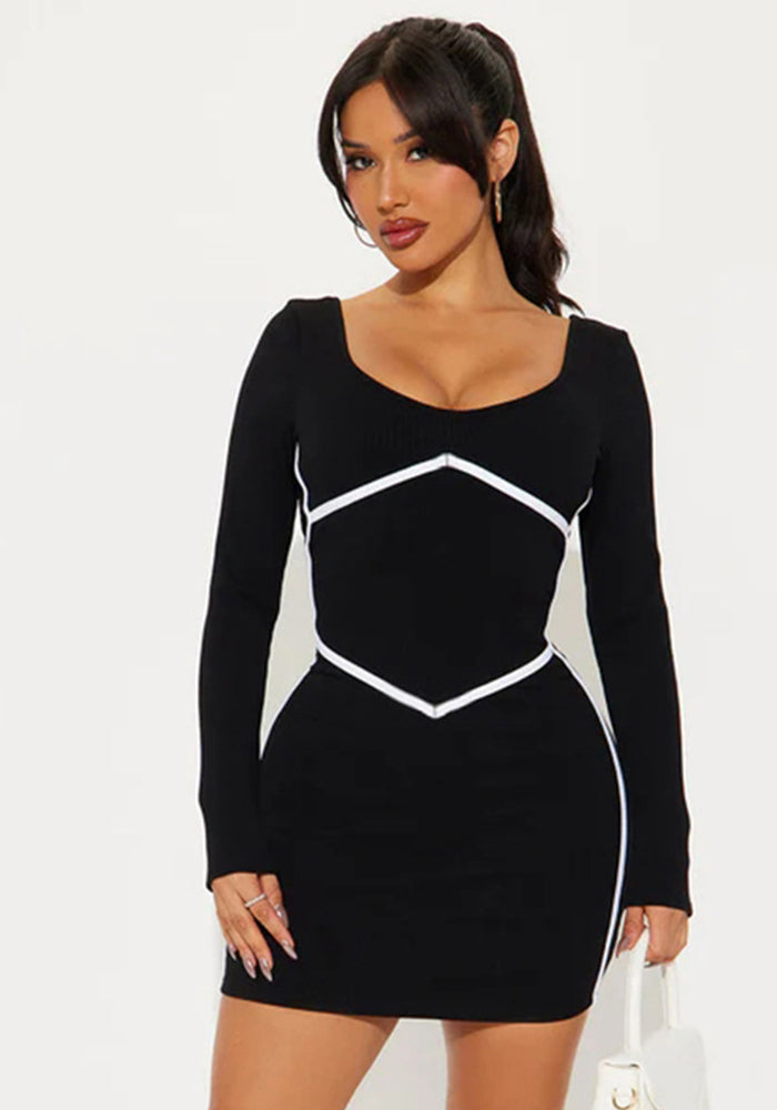 Spring Women's Long Sleeve Contrast Color Tight Fitting Bodycon Short Dress