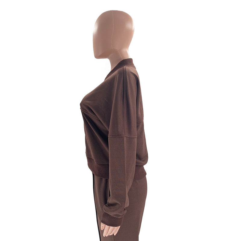 Autumn and Winter Solid Color Zipper Top Women's Fashion Casual Straight Pants two piece set 24