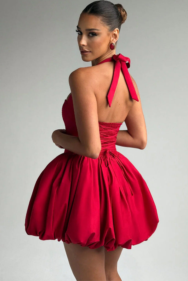 Women Summer Halter Neck Tie-Drawn Bow Puffy Dress 12