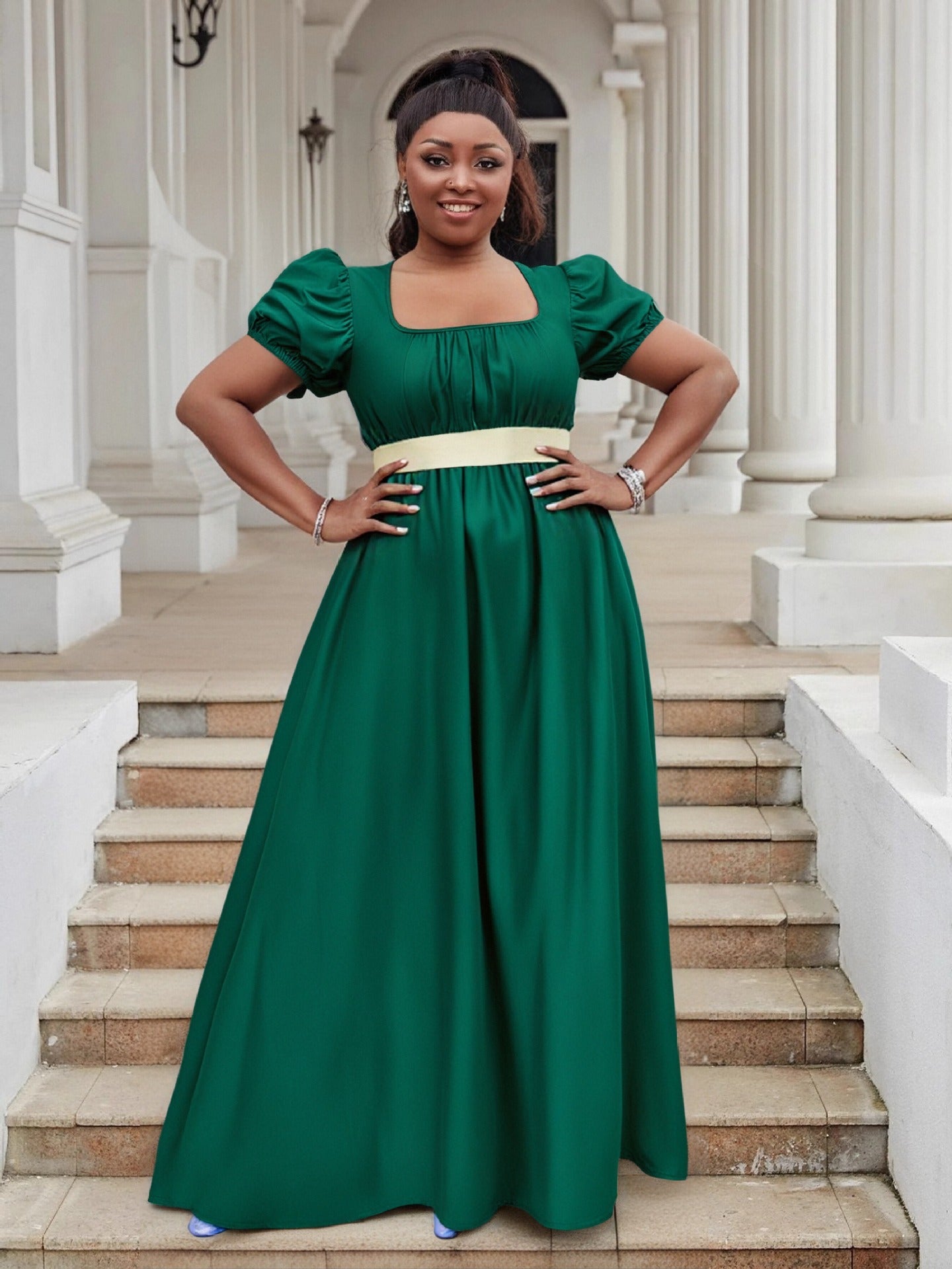 Puff Sleeve High Waist Ball Dress Elegant Plus Size Evening Gown 23