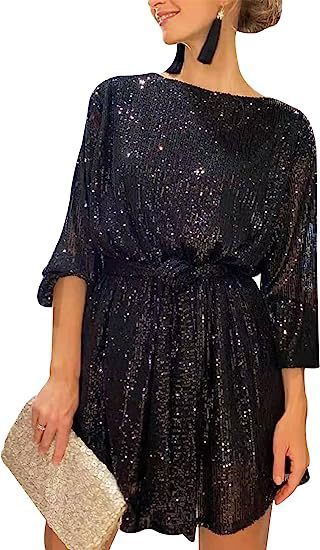 Summer Sequin Round Neck Long Sleeve Casual Loose Sequin Dress