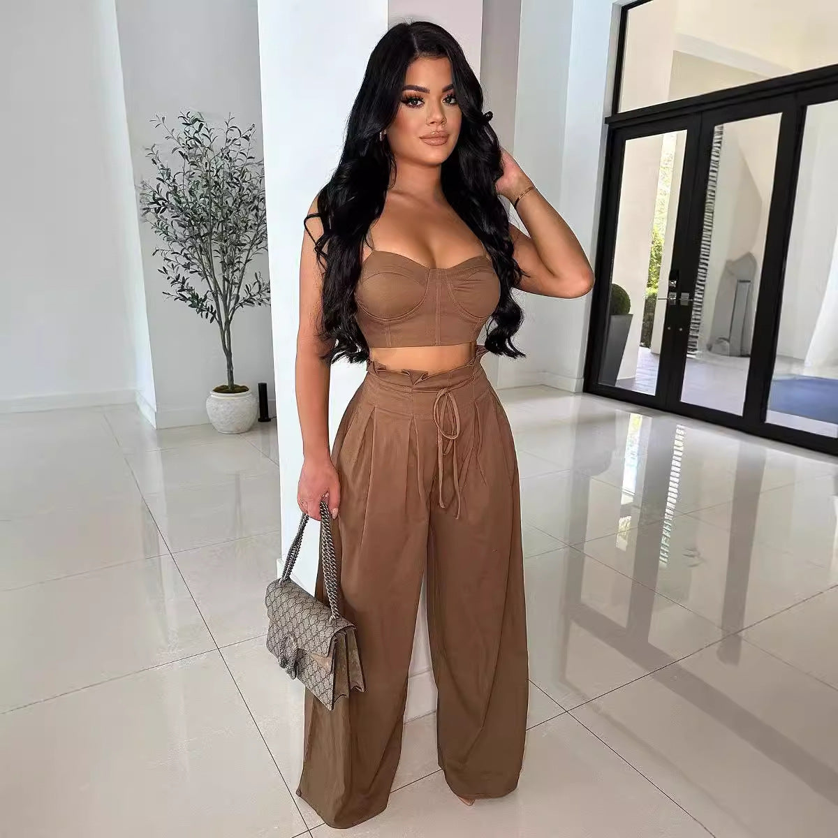 Women Plunging tank top Solid Lace-Up wide-leg pants two-piece set 7