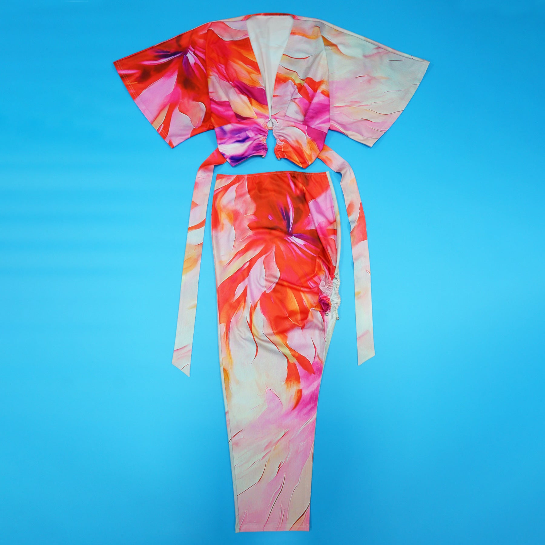 Summer Sexy Printed V Neck Top Side Slit Long Skirt Two Piece Set 13