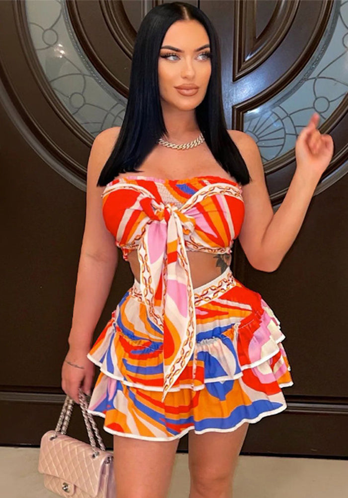 Women's Sexy Strapless Low Back Printed Two-Piece Skirt Set