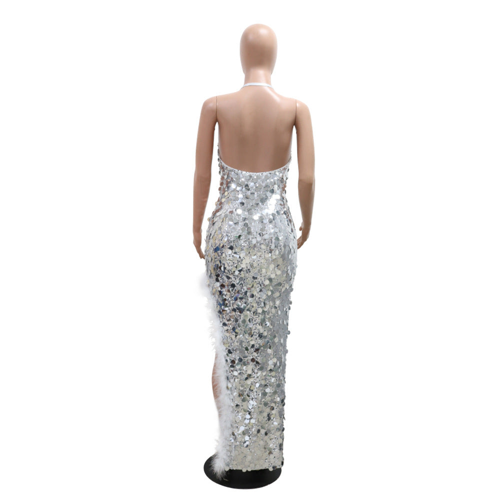 Women sexy suspender sequin irregular dress 16