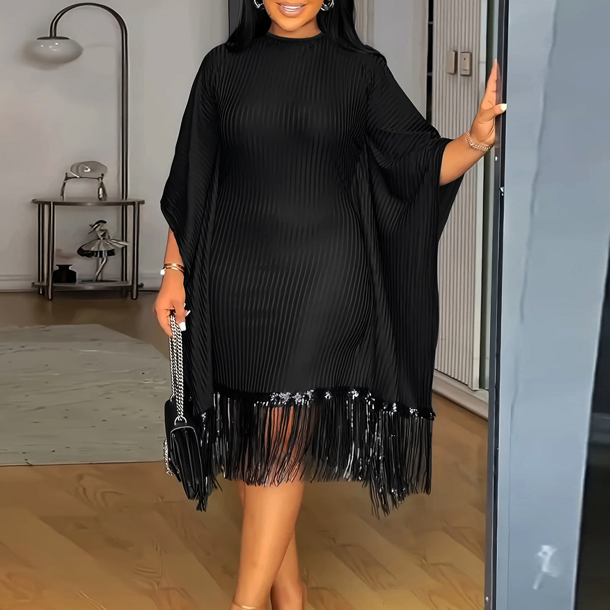 Plus Size Women Elegant Patchwork Tassel Maxi Dress 4