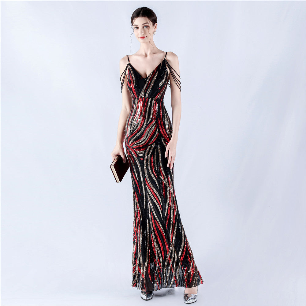 Women sequined striped color matching maxi evening dress 11