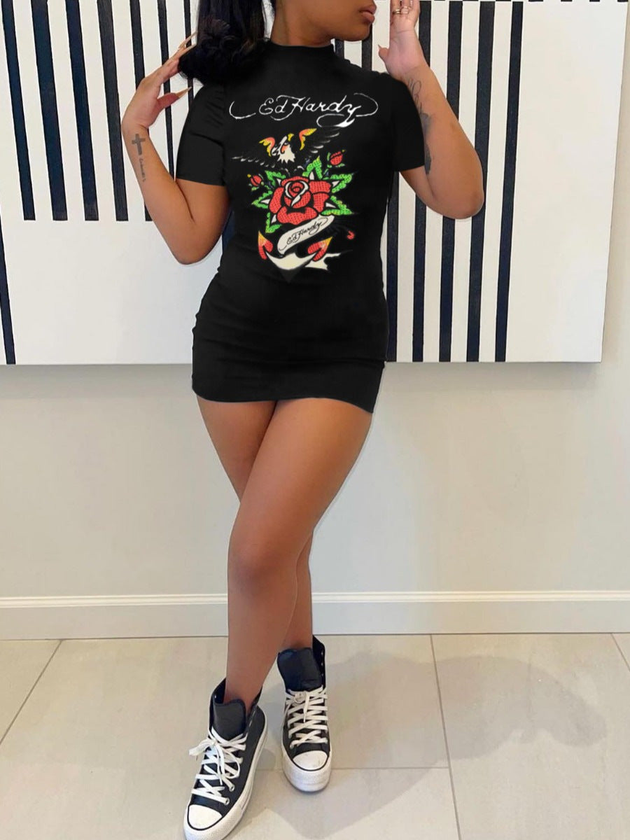 Fashion Printed Short Sleeve Casual Short Dress 9