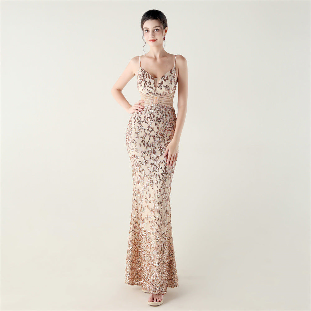 Women clothing V Neck sequins beaded hollow mesh off-shoulder Formal Party evening dress 4