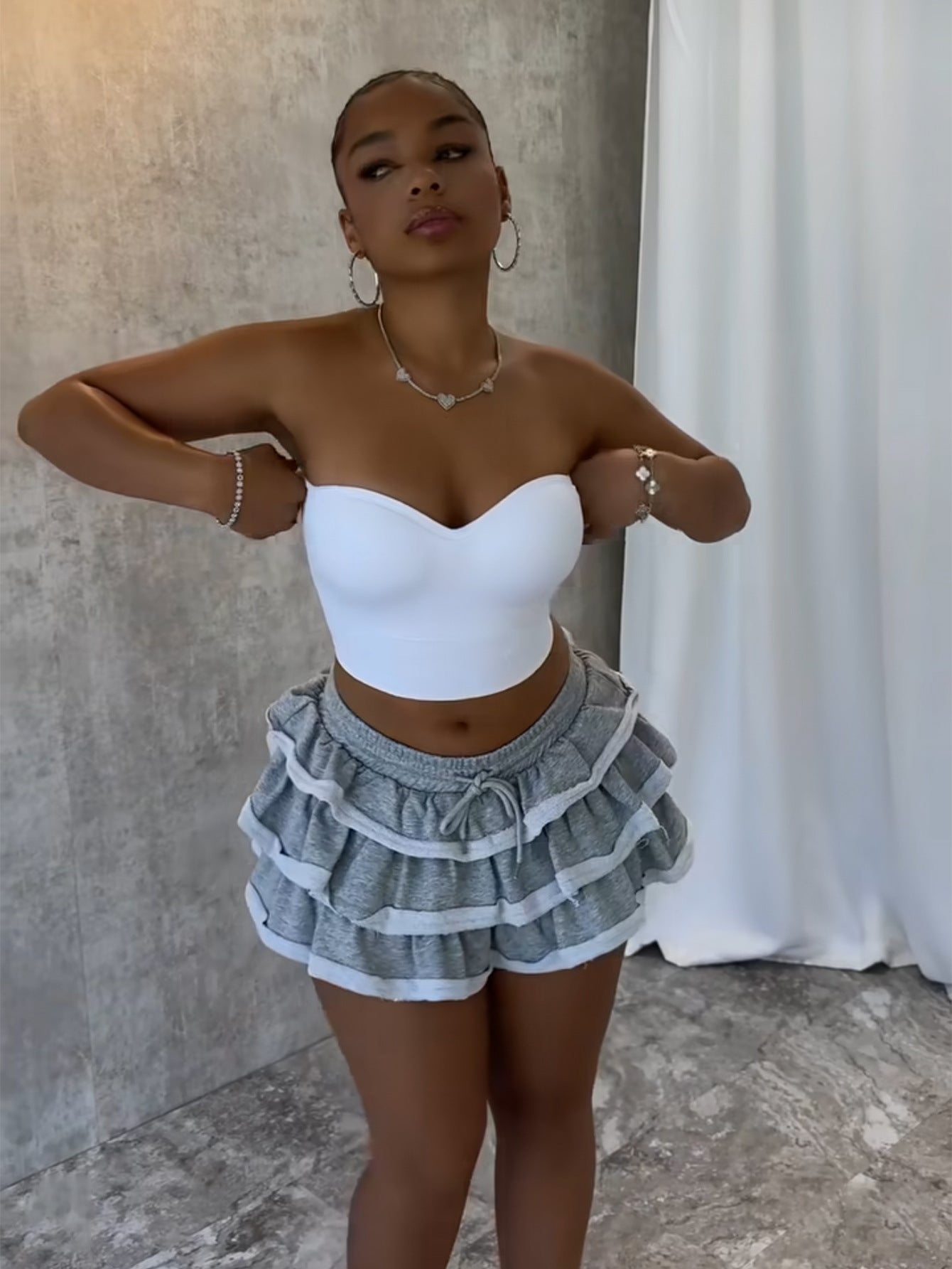 Women summer elastic lace solid cascading ruffles Skirt 5