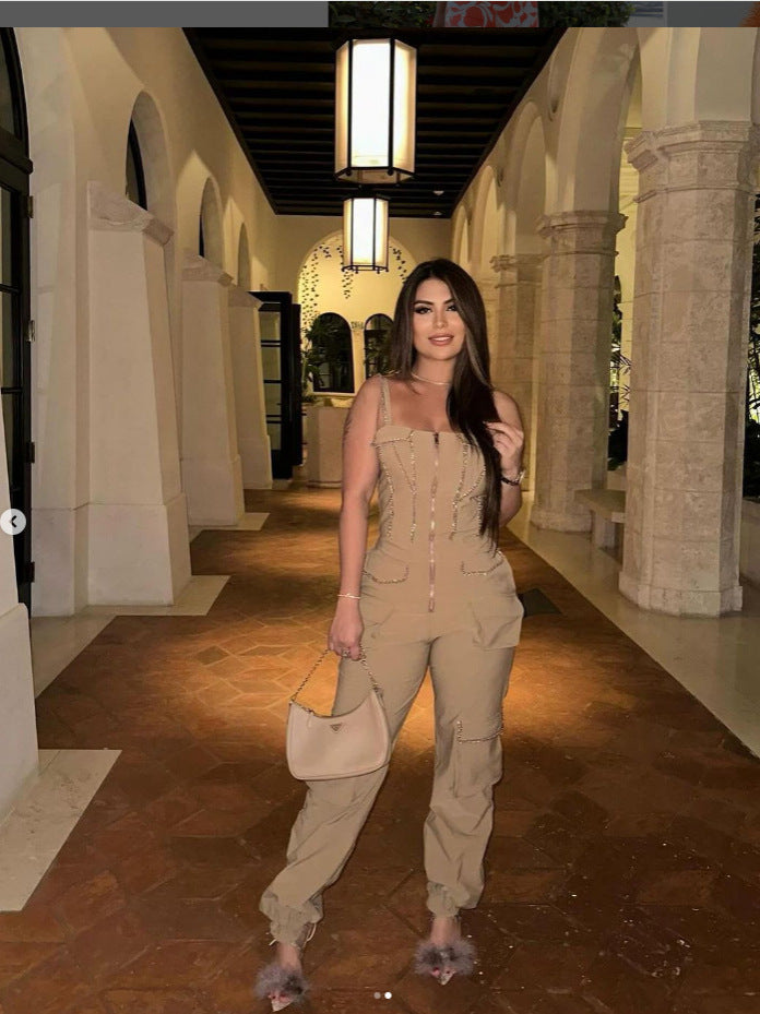 Women Strapless Zipper Pocket Jumpsuit 7