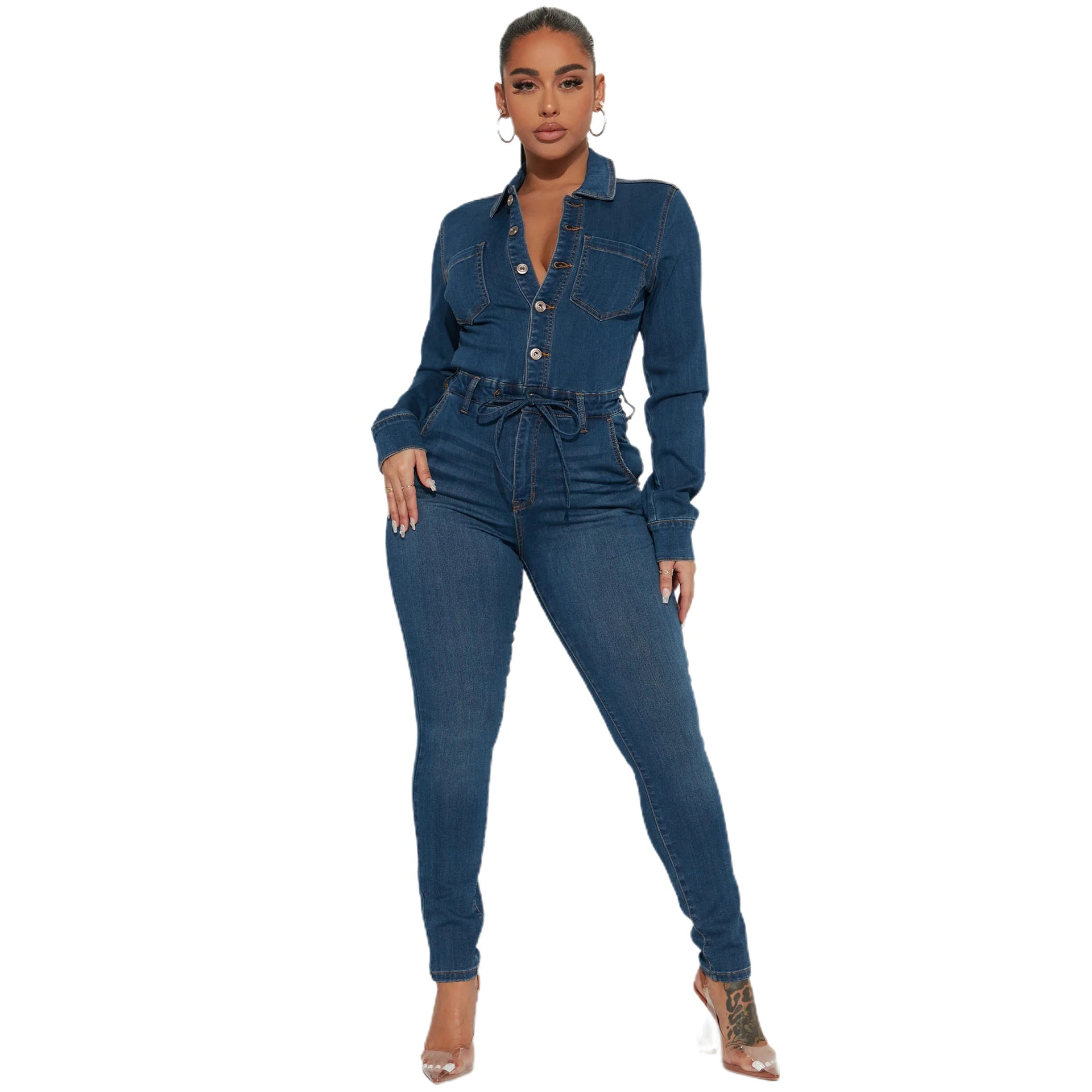 Sexy Fashion Long Sleeve High Stretch Denim Jumpsuit 4