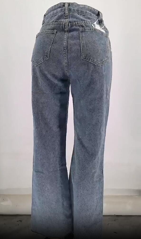 Women Pocket Ripped Straight Washed Denim Pants 9
