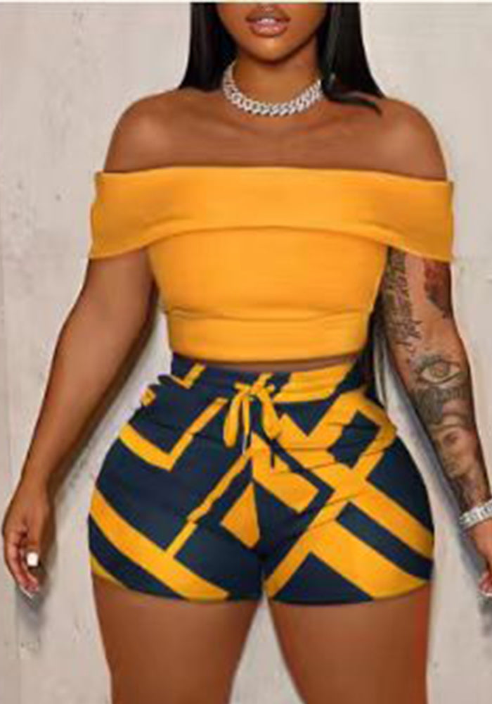 Women Off Shoulder Printed Backless Wrap-Body Sleeveless T-Shirt And Shorts Two-Piece Set