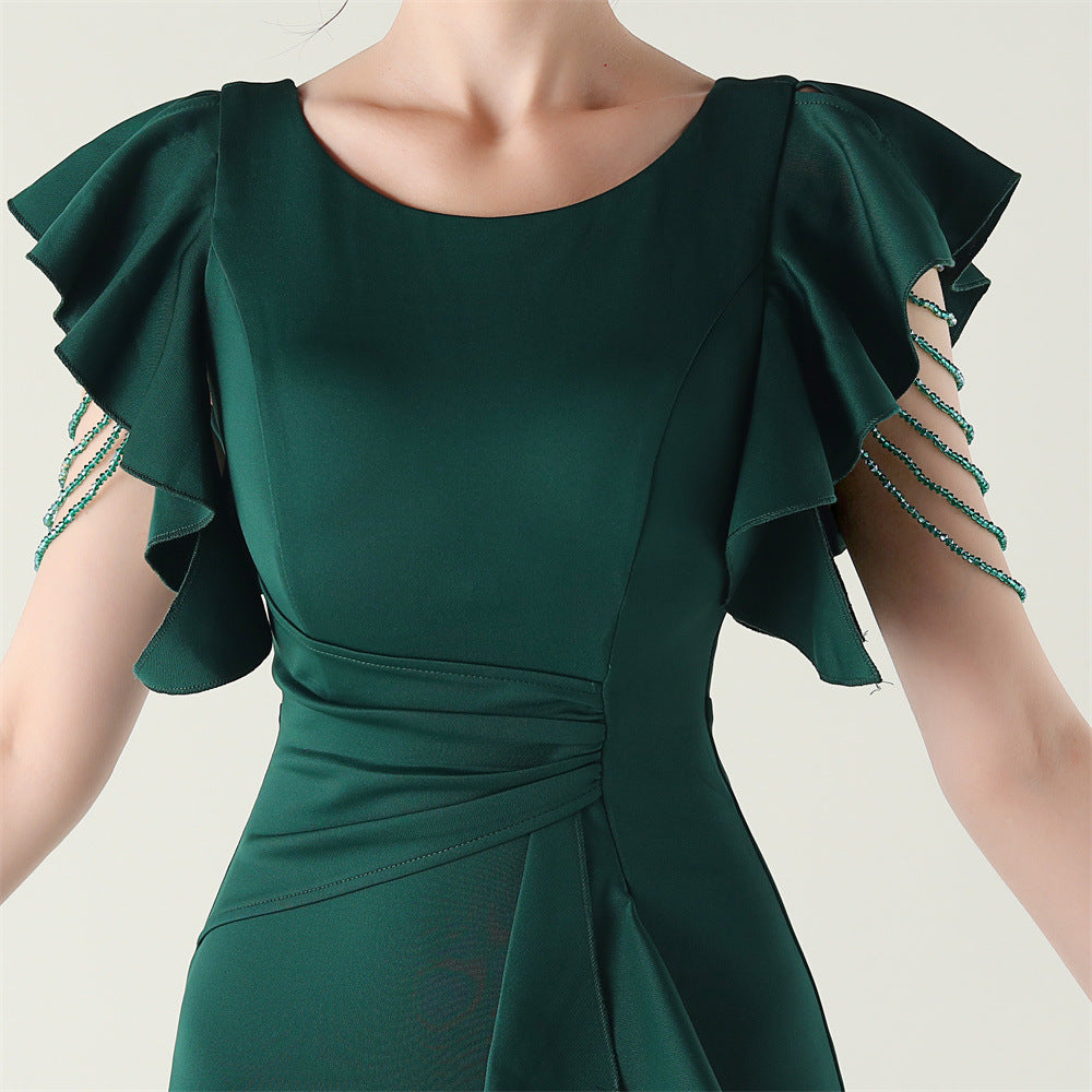 Women beaded tube V neck ruffle draped bead chain bead formal party evening dress 29