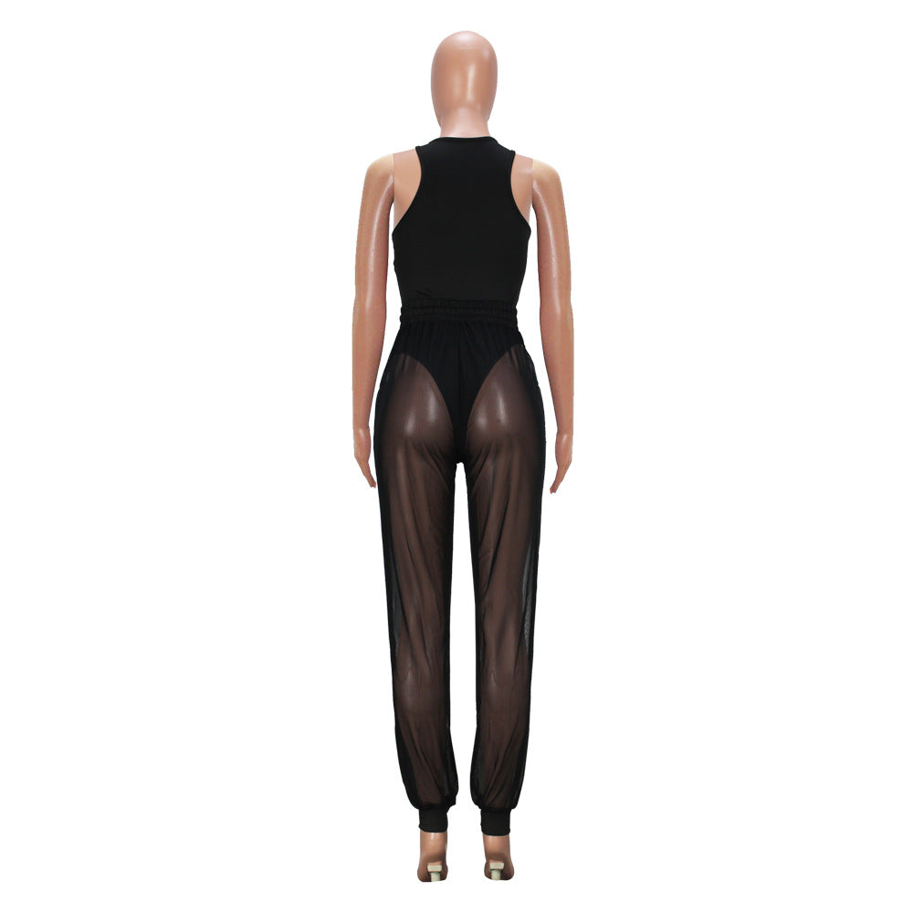Women Sleeveless Sexy Cutout Pants Mesh Two-Piece Set 7