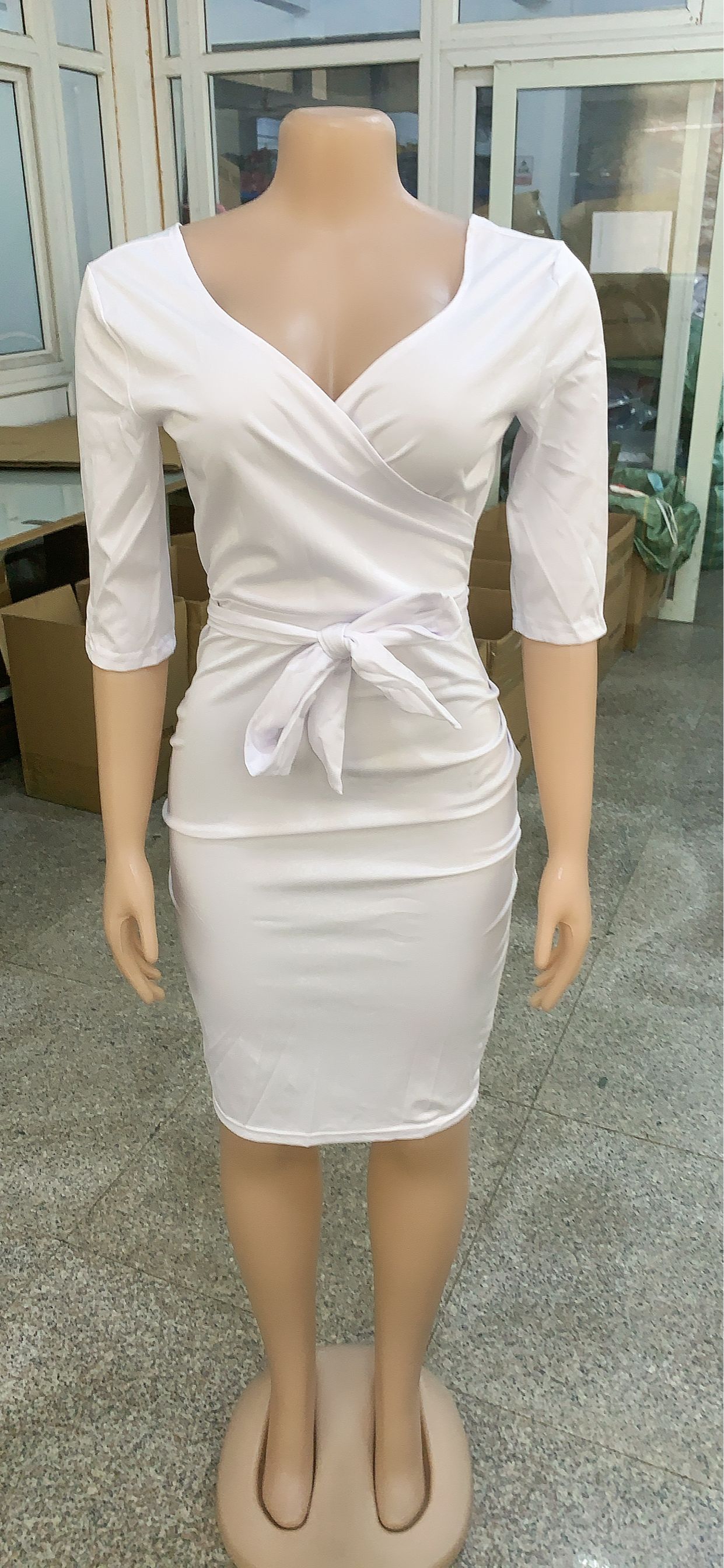 Women Sexy Solid Lace-Up V-Neck Mid Sleeve Dress 22