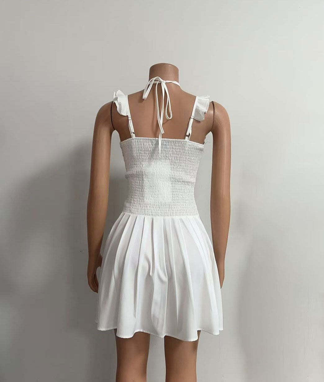 Women V-neck Lace-Up Ruffle Edge Off-shoulder Backless Solid Dress 4