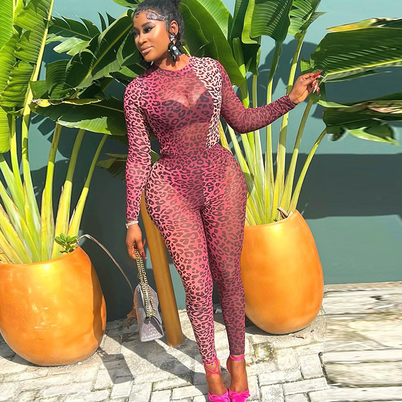 Sexy Slightly Transparent Leopard Print Round Neck Tight-Fitting Trendy Pants Set Elastic Two-Piece Set 3