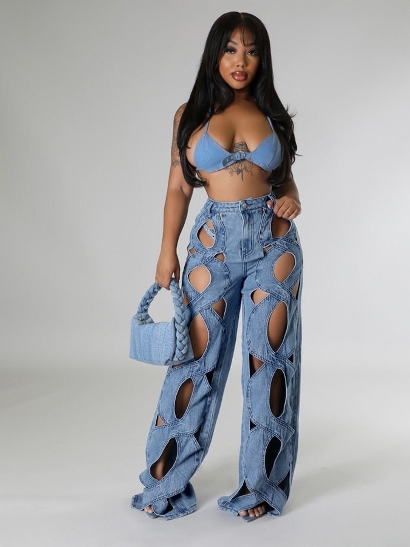 Women's Stretch Denim Pants Twist Hollow Loose Straight Jeans 3