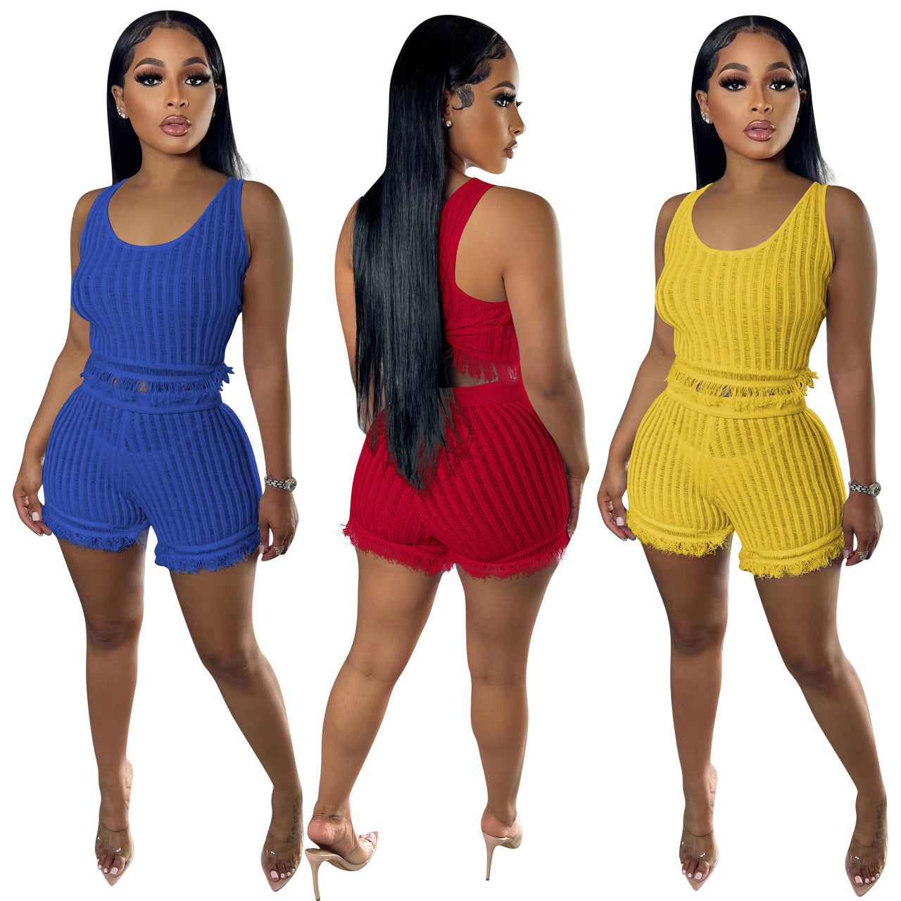 Women'S Clothing Ladies' Fashion Casual Knitting Sleeveless Tassel Two-Piece Shorts Set 3