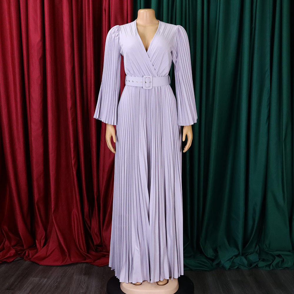 Elegant Women'S Solid Color V-Neck Sexy Pleated Long Dress Maxi Dress 30