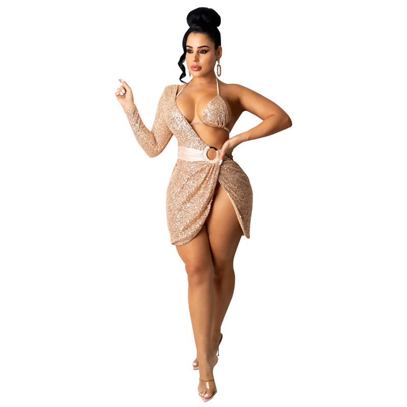 Skirt Summer Women's Sequin Bra Long Sleeve Low Back Dress Nightclub Two Piece Set 10