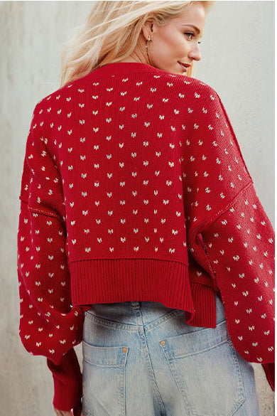 Women Round Neck Knitting Heart Print Sweater 8