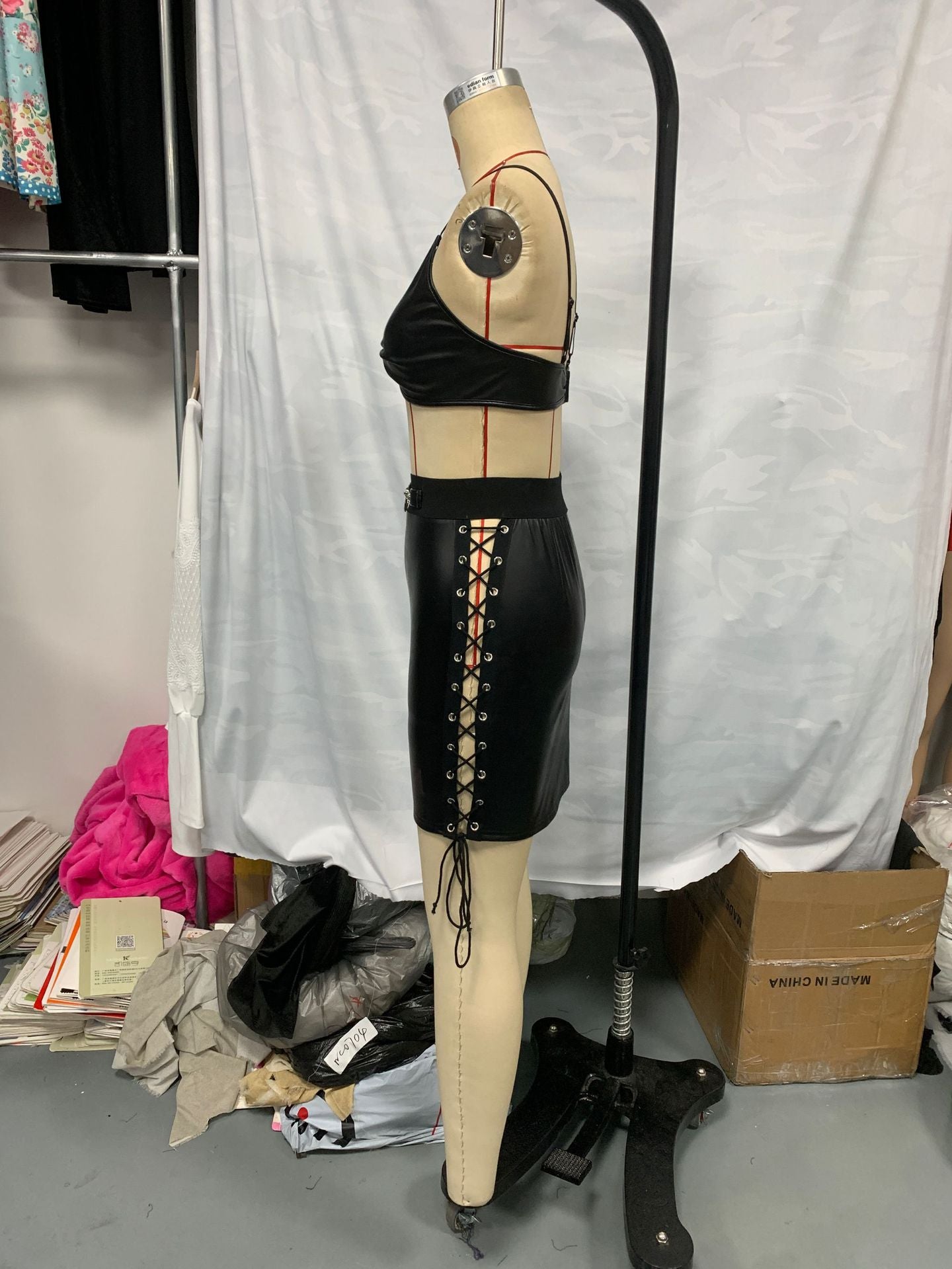 Women Pu Leather Sexy Lingerie Lace-Up Cutout Bodycon Dress 7