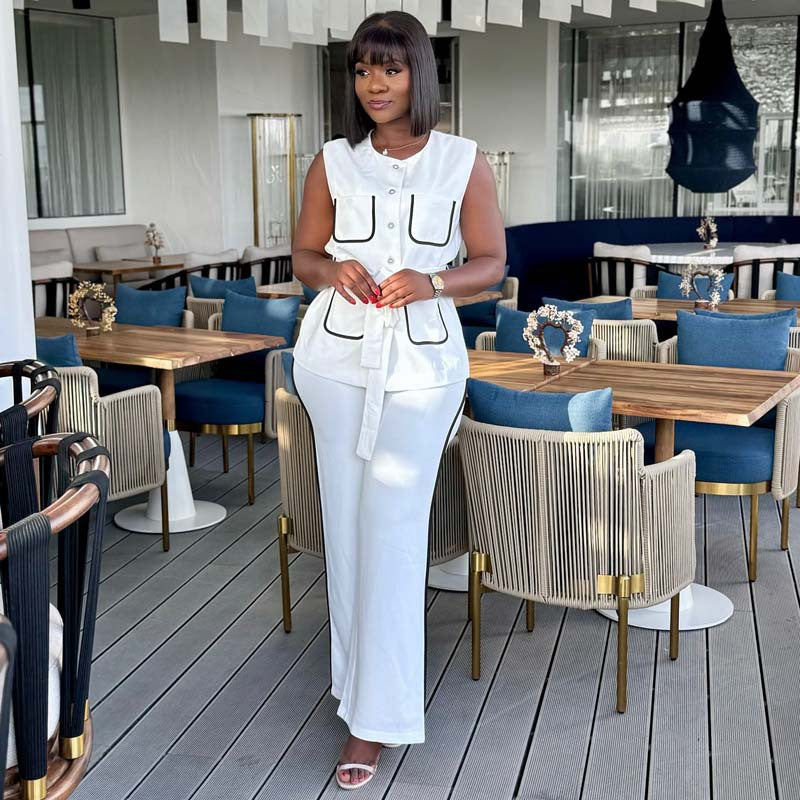 Contrast Color Pocket Chic Elegant Belt Vest & Pants African Women's Two-Piece Set 5