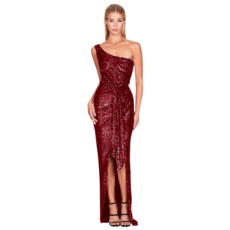 Women's One-Shoulder Lace-Up Sequined Evening Dress 5