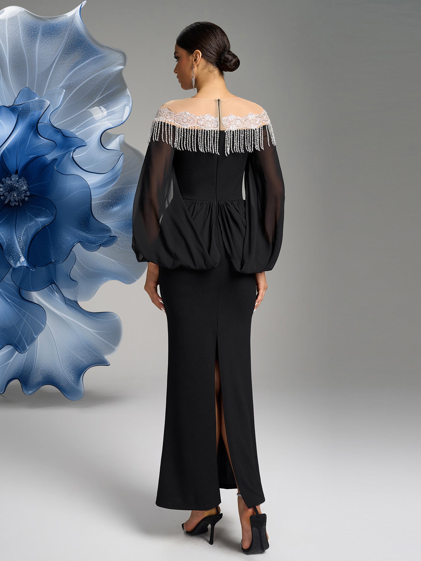 Women Round Neck Irregular Long Sleeve Light Luxury Beaded Bodycon Long Dress Dinner Dress 3