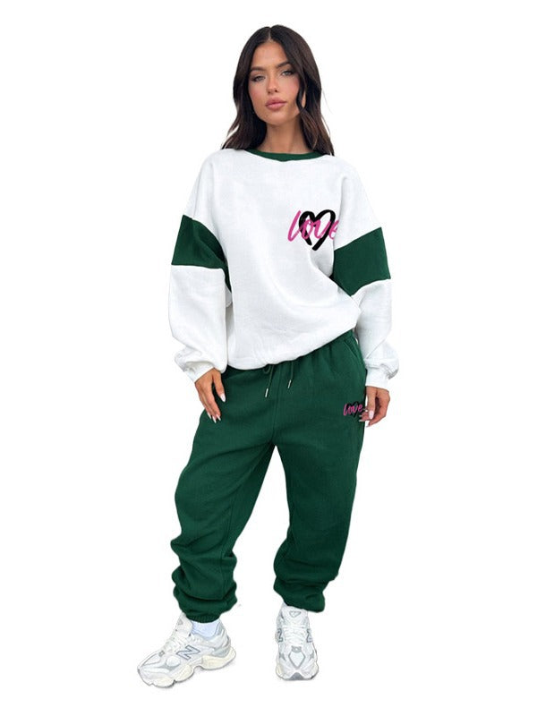 Women Heart Print Color Block Top and Casual Pants Set 10