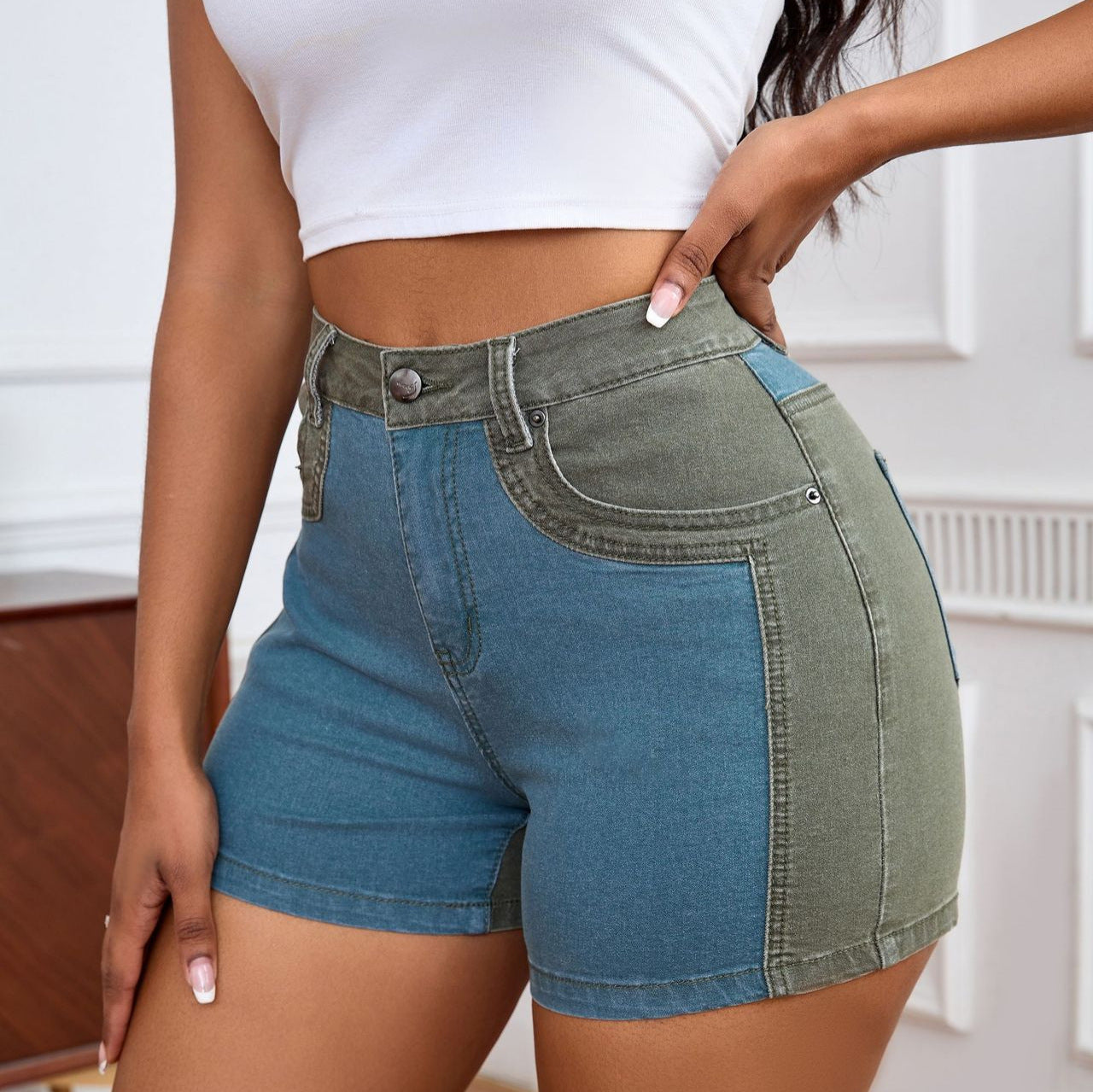 Women Stretchy Washed Patchwork Denim Shorts 5